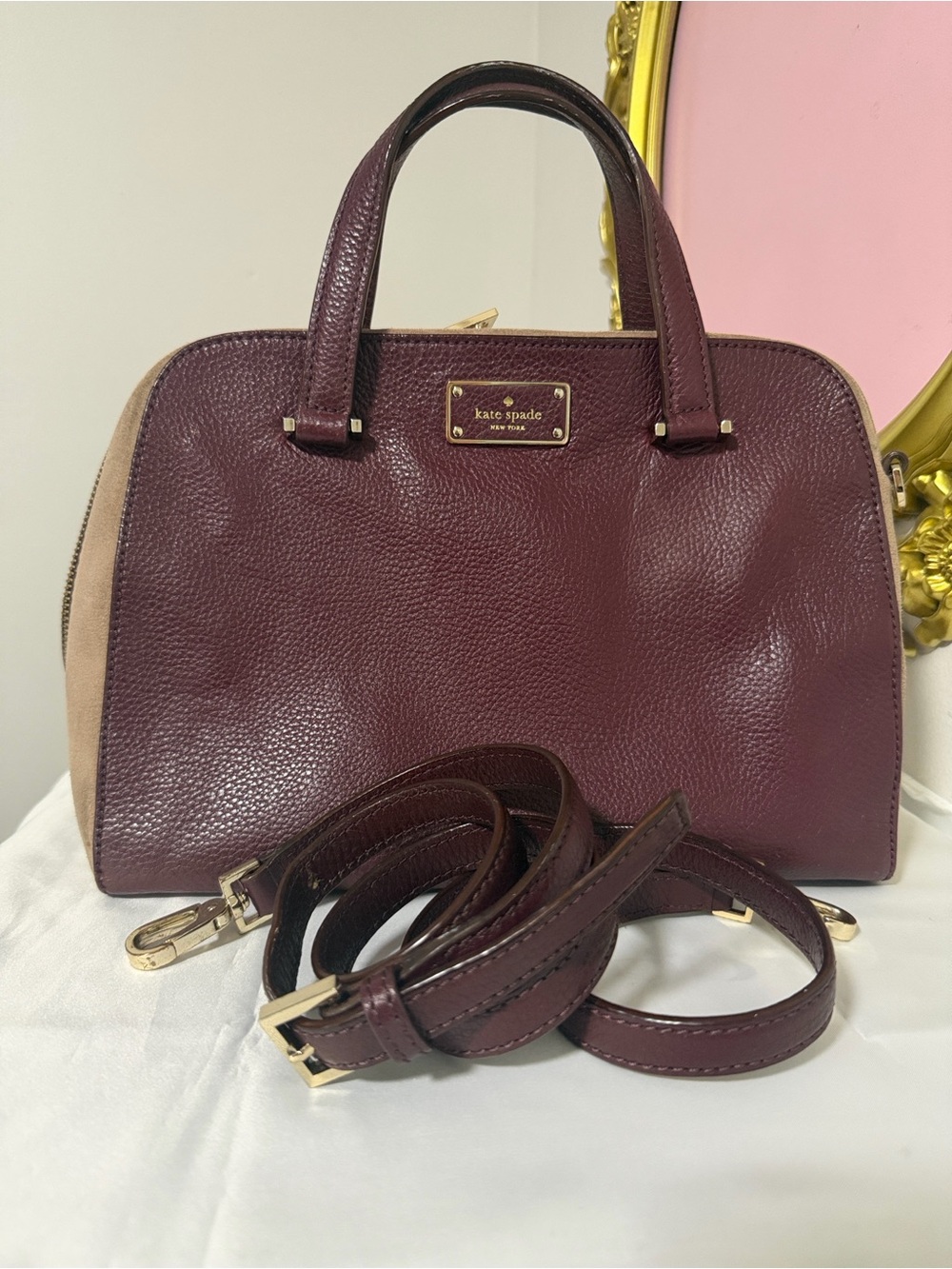 kate spade Plum & Tan Pebbled Leather Dome Satchel